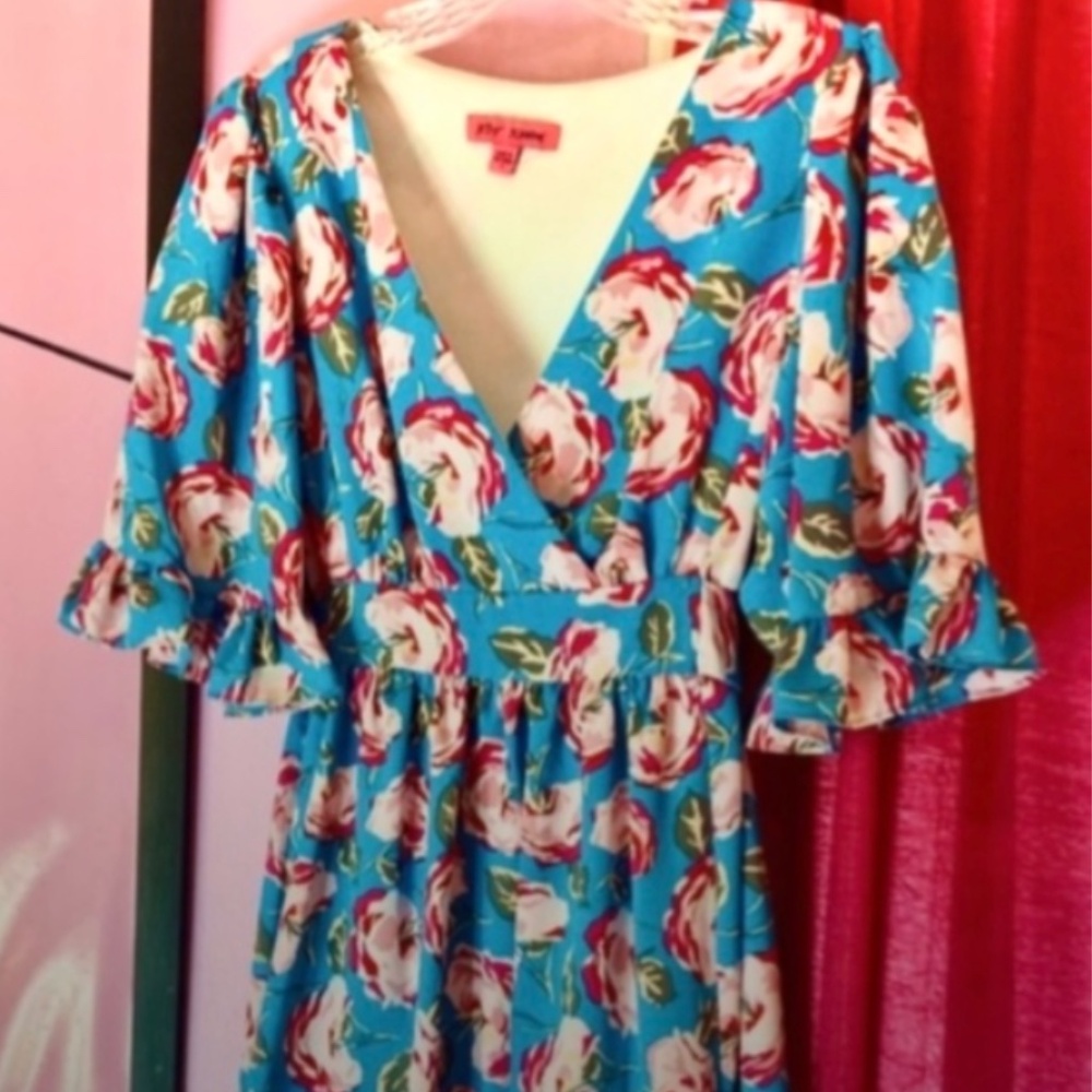 Betsey Johnson Floral Midi Swing Dress Retro Colorful Blue Garden Party Womens 8 - Picture 2 of 6